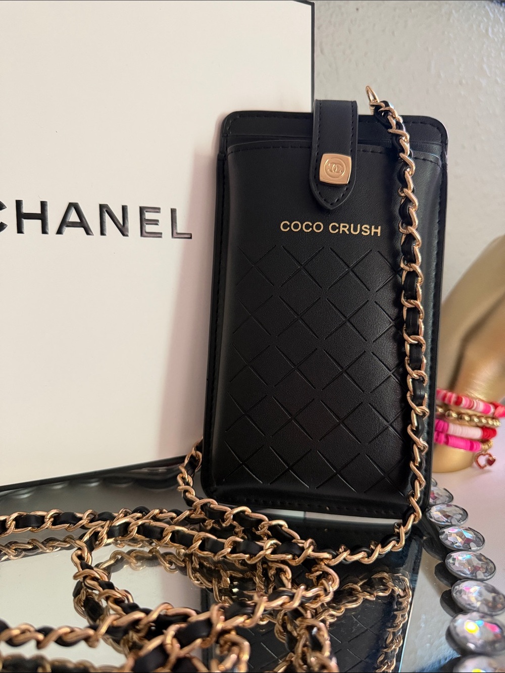 CHANEL Black Coco Crush Quilted Chain Crossbody Phone Case with Gold Hardware